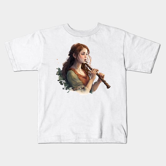 musical instrument | beautiful girl with flute Kids T-Shirt by A&A